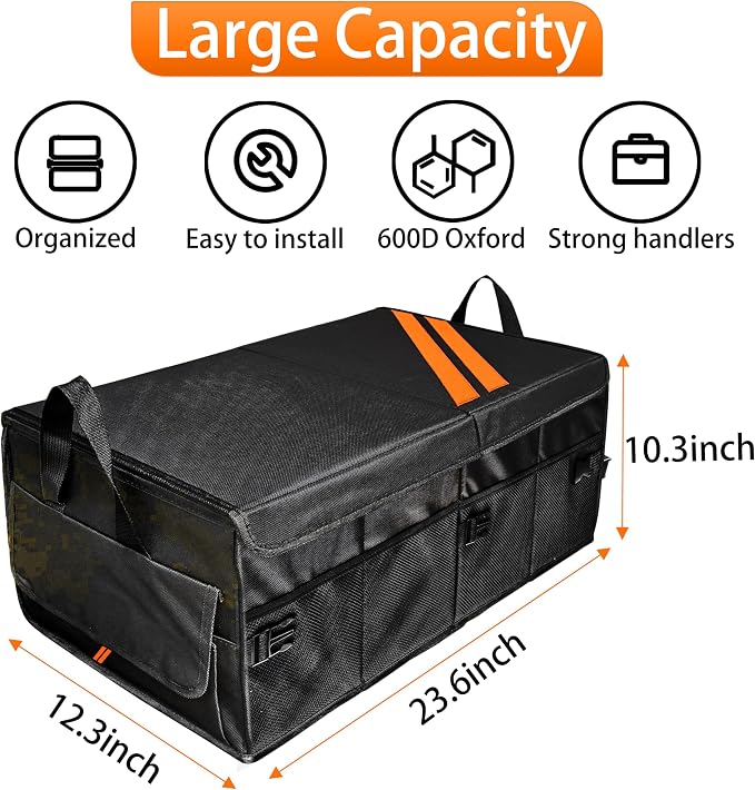 YOSRTER for Dodge Charger Durango Challenger Ram Car Trunk Organizer Collapsible Storage Box with Handle Foldable Lid Non Slip Bottom Sturdy Base Panel 2 Compartment Orange Trim