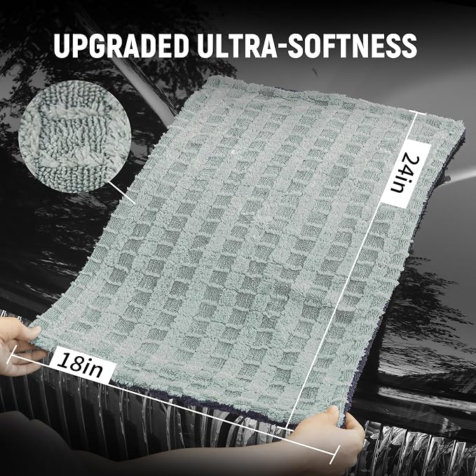 LIVOS 1000GSM Car Drying Towel, 18" x 24" Dual Sided Microfiber Towels for Cars, Ultra Absorbent Lint & Scratch-Free, Edgeless Twisted-Loop, Premium Wash Towel, Check Silver&Grey