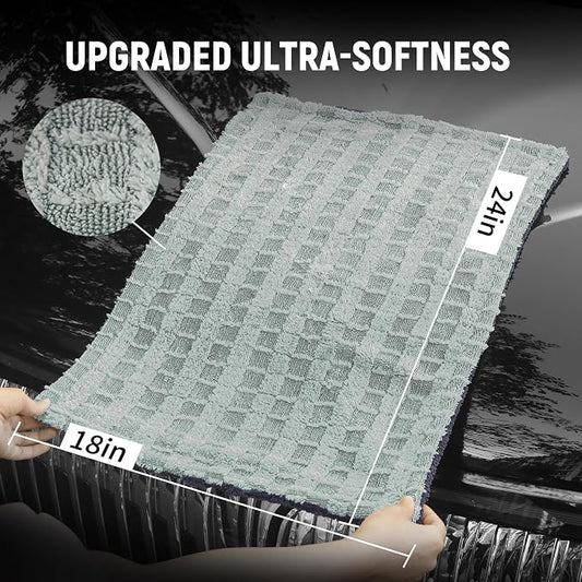 LIVOS 1000GSM Car Drying Towel, 18" x 24" Dual Sided Microfiber Towels for Cars, Ultra Absorbent Lint & Scratch-Free, Edgeless Twisted-Loop, Premium Wash Towel, Check Silver&Grey