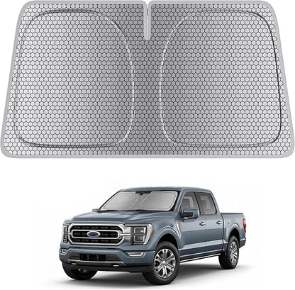 helloleiboo Windshield Sun Shade for Ford F-150 & Toyota Tundra 2021-2026 Graphene Honeycomb Heat Shield with UV Protection Foldable Custom Fit Front Window Sunshade Silver 69" x 35"