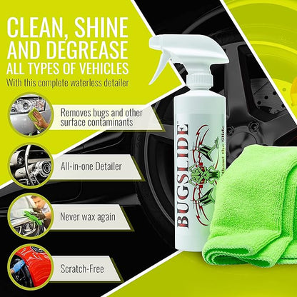 BugSlide 16 Oz Shop Kit Cleaner and Polisher with Microfiber Towel, Spray and Wipe Car Cleaner, Waterless Detailer for Removing Bugs without Scratching, Shining and Degreasing all Surfaces