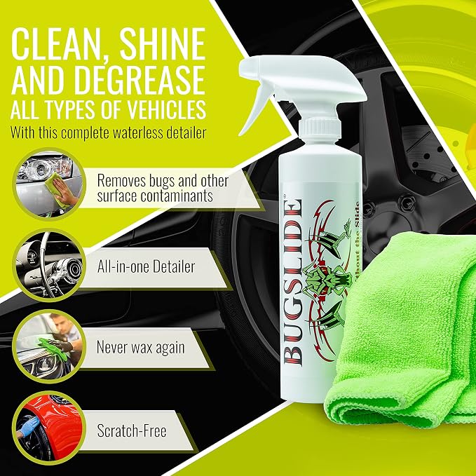 BugSlide Cart Combo - Shop Kit 16oz Spray Bottle Cleaner with Microfiber Towel and Mesh X-Treme Cloth - Multisurface Cleaning and Car Detailing Solution that Shines and Degreases Without Scratching