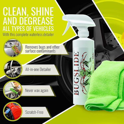 BugSlide Cart Combo - Shop Kit 16oz Spray Bottle Cleaner with Microfiber Towel and Mesh X-Treme Cloth - Multisurface Cleaning and Car Detailing Solution that Shines and Degreases Without Scratching