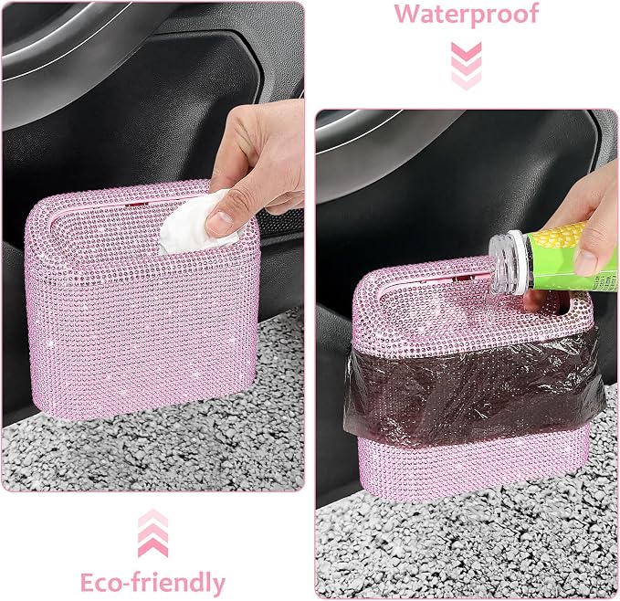 Accmor Bling Car Trash Can with Lid, Leak-Proof Mini Vehicle Trash Bin Automotive Dustbin Organizer Storage, Sparkling Crystal Trash Bag Container with 30pcs Garbage Bags for Car, Home, Office (Pink)