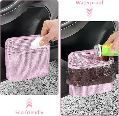Accmor Bling Car Trash Can with Lid, Leak-Proof Mini Vehicle Trash Bin Automotive Dustbin Organizer Storage, Sparkling Crystal Trash Bag Container with 30pcs Garbage Bags for Car, Home, Office (Pink)