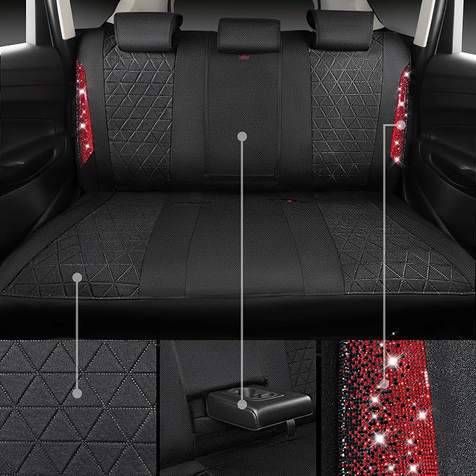 CAR PASS Oxford Bling Diamond Car Seat Covers Full Set Interior Sets, Waterproof Shining Glitter Sparkly Crystal Universal Armrest Fit 95% Automotive Truck SUV Cute Women Girl, Black Red Rhinestone