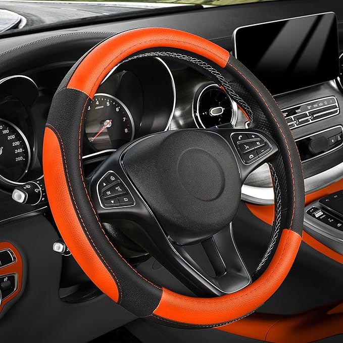 SEG Direct Steering Wheel Cover for Car, Standard Size 14.5-15 inch, Auto Interior Accessories, Black and Orange