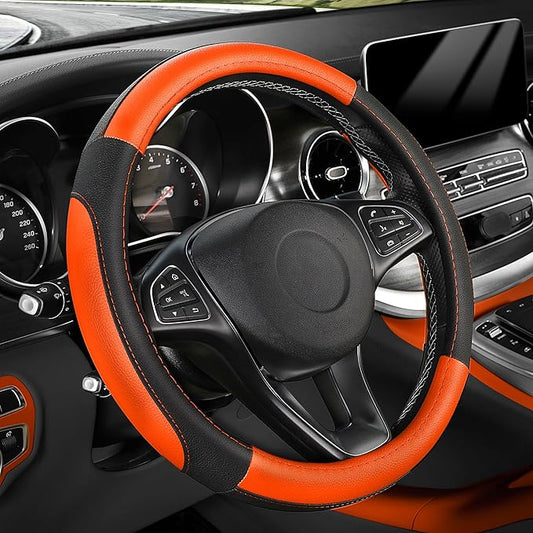 SEG Direct Steering Wheel Cover for Car, Standard Size 14.5-15 inch, Auto Interior Accessories, Black and Orange