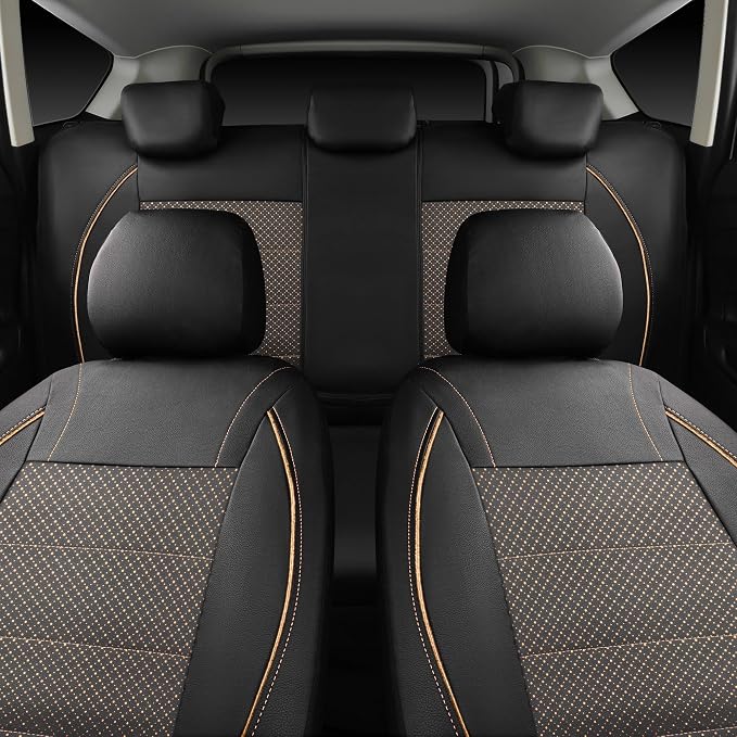 CAR PASS Piping PU Leather Car Seat Cover Full Set,Inside Zipper Design and Reserved Opening Holes,Airbag Compatible,Universal FIT for Car, SUVs,Van,Small Trucks（Full Set, Black & Gold）