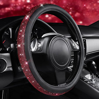 CAR PASS Red Diamond Black Leather Steering Wheel Cover, with Bling Crystal Rhinestones Universal Fit 14" 1/2-15" Crystal Glitter for Women Sparkle Girl Fit Suvs,Vans,Sedans,Cars,Trucks, Red Diamond