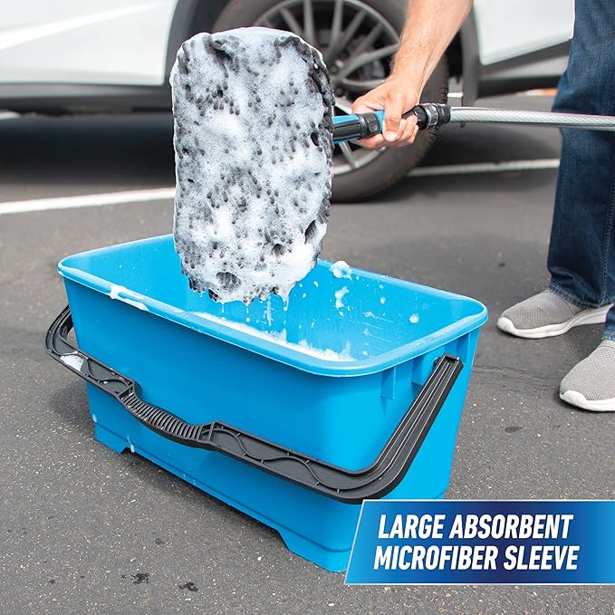 Unger 12.5” Hydropower Wash Mitt with Adjustable On/Off Water Control Valve for Car and Auto Cleaning, Absorbent Non-Scratch Microfiber Sleeve, Machine Washable, Compatible with Hose or Pole