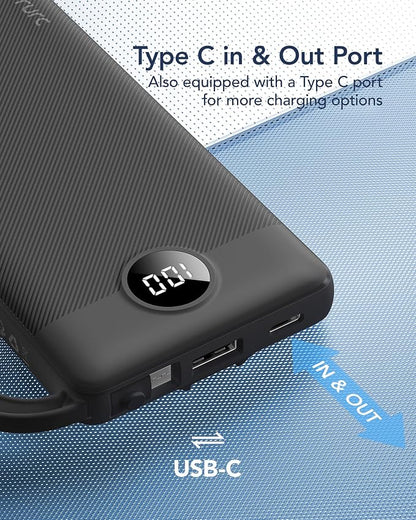 VRURC Portable Charger, Built-in 4 Cables Slim Power Bank 10000mAh, USB C Charging Bank with LED Display, Compact Travel Battery Pack with 5 Outputs for Multi Devices, Android-Black(1 Pack)