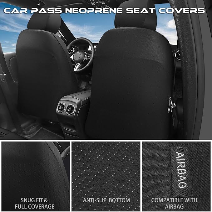 CAR PASS Waterproof Black Blue Car Seat Covers Front Seat Covers Neoprene Wetsuit,All-Weather Non-Slip Durable,Universal Fit for SUV Trucks Automotive,Armrest Airbag Compatible,Emboss Black Blue