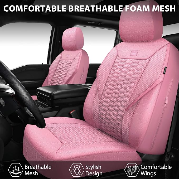 CAR PASS 3D Foam Mesh Leather Car Seat Covers Full Set, Pink Breathable Mesh Faux Leather Seat Covers for Women, Universal Fit for Car SUV Truck Sedan Automotive, Armrest Airbag Compatible, All Pink