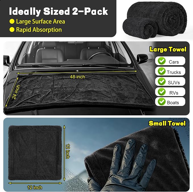 Aodaer 2 Pack Car Drying Towel, 1200GSM Microfiber Towels for Cars | 24 x 48 Inch & 12 x 12 Inch Super Absorbent Detailing Towels Dual Sided Streak-Free Twisted Loop for Auto SUV Truck Boat Home
