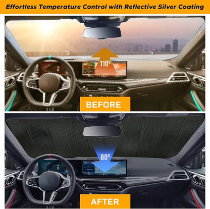 EcoNour Accordion Foldable Windshield Sun Shade | Jumbo Sun Visor for Truck Front Windows | UV & Heat Reflective Sunshade with Durable Dual-Layer Design | X-Large (66" x 27")