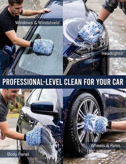 TAKAVU Car Wash Mitt Scratch Free, 2 Pack Microfiber Wash Mitts for Auto Detailing, Soft Lint Free Cleaning Gloves, Holds Sudsy Water, Machine Washable (Blue)