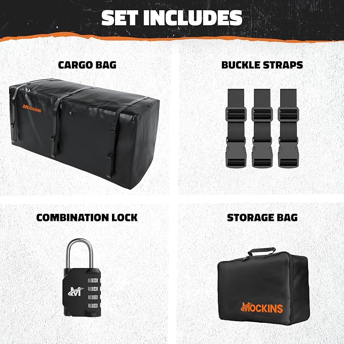 Mockins 40 Cu Ft XXL Hitch Cargo Carrier Bag Extra Wide 84"x24"x34" | 7 Ft Waterproof Trailer Hitch Storage & Truck Bed Cargo Bag | Heavy Duty Vehicle Soft-Shell Carriers w/ Lock, Straps & Case