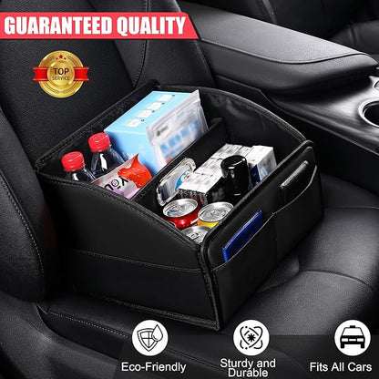 Car Storage Organizer [2025 UPDATED] Leather Car Caddy Basket for Front Seat Floor Back Seats Metal Handle 6 Compartments Adjustable Strap Buckles Slip-Resistant (Black)
