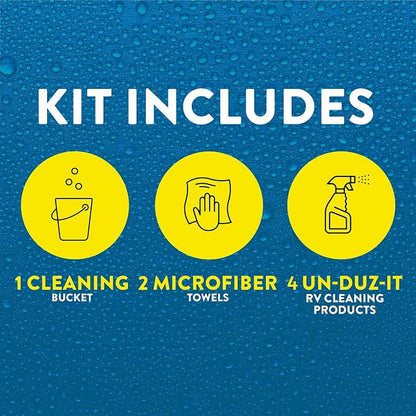RV 7-Piece Detailing Kit, Contains RV Wash and Wax, Soft Surface and Vinyl Cleaner, Hard Surface Cleaner, Multi-Surface Protectant Spray, Bucket, Sponge and Microfiber Towel