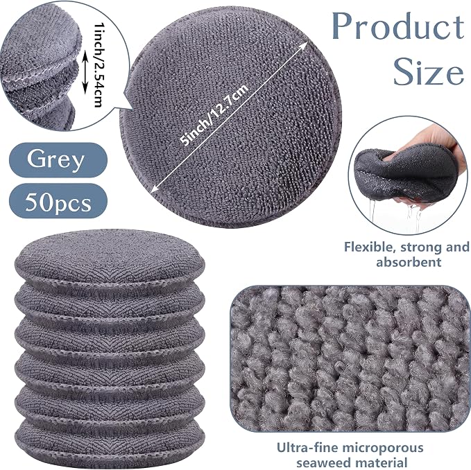 Tanlade 50 Pcs Car Detailing Microfiber Applicator Pad Wax Applicator Wash Microfiber Pads, 5 Inch Diameter (Grey)