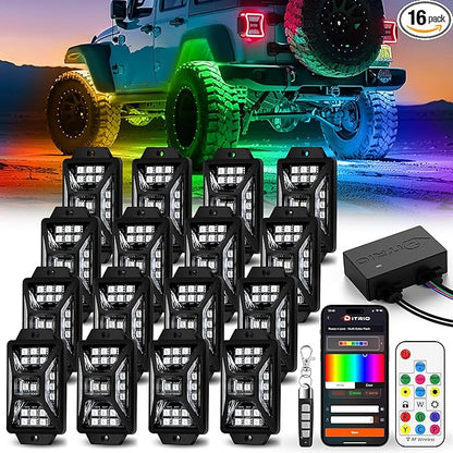 16 Pods Five Sided RGB Rock Lights for Trucks Jeep UTV SUV ATV Golf Cart, Multi Chasing Color App/Remote Control Led Rock Lights with Music Mode, Waterproof Exterior Underglow Kits for Cars(Patented)