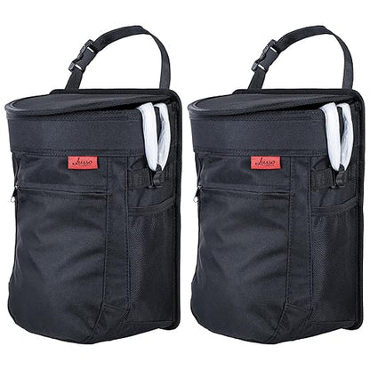 Lusso Gear Spill-Proof Car Trash Can (2.5 Gal, 2 Pack) - Easy to Clean Hanging Garbage Bin - Leak-Proof Lid, Removable Liner, Waterproof - Keeps Truck, SUV, Car, Minivan Clean & Odor Free (Black)