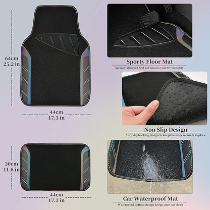 CAR PASS Leather Steering Wheel Cover and Waterproof Car Floor Mats,Microfiber Universal Car Combo Fit for 95% Sedan,SUV,Cars,14.5-15inch Sporty Anti-Slip Safety Comfortable Design(Black＆Reflective)