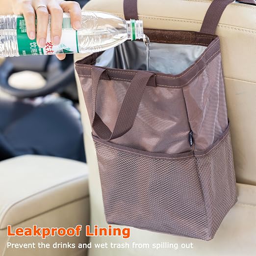 Ginsco New Leak-Proof Travel Trash Bag, Hanging Car Trash Can with Hook and Loop Lid and Handle, Multipurpose Trash Bin with Storage Pockets for Car SUV Truck RV Camping 2 Gallons (Brown)