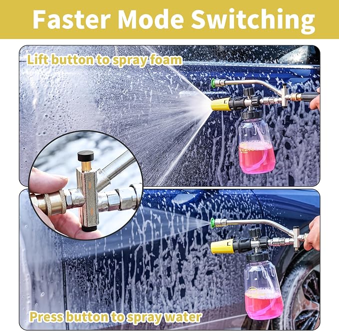 FENG PAI Foam Cannon for Pressure Washer with Dual-connector Accessory, 7 Power Washer Sprayer Nozzles, 1/4" Quick Connect Double Tip Attachment Soap Bottle Sprayer Soap, 3600 PSI (Clear)