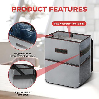 HealSmart 2 Gallon Car Trash Can Lid and Storage Pockets, Leak-Proof Collapsible and Portable Organizer, Multipurpose Garbage Bin with Adjustable Straps, Grey (Pack of 2)