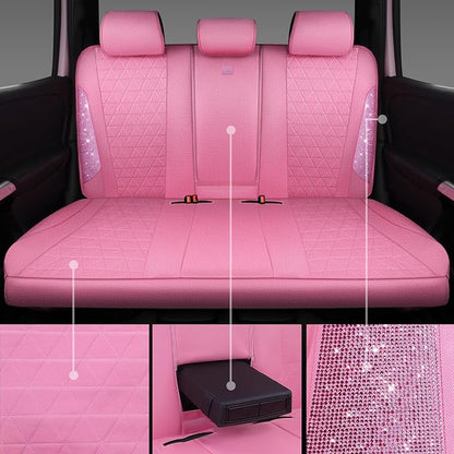 CAR PASS Pink Oxford Bling Diamond Car Seat Covers Full Set Interior Sets, Waterproof Shining Glitter Sparkly Crystal Universal Armrest Fit 95% Automotive Truck SUV Cute Women Girl, Pink Rhinestone