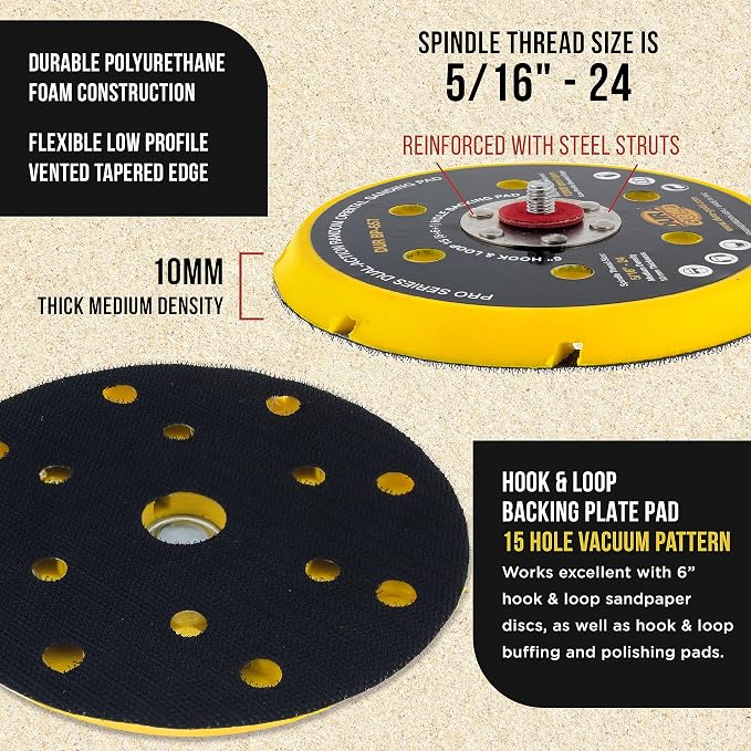 Dura-Gold Pro Series 6" Hook & Loop DA Backing Plate Pad, 15 (8 + 6 + 1) Hole Pattern Dustless - Low Profile Vented Edge, Dual-Action Random Orbital Sanding Pad, Sander Polisher Auto Woodworking