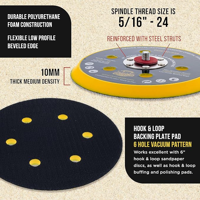 Dura-Gold Pro Series 6" Hook & Loop DA Backing Plate Pad, 6 Hole Pattern Dustless - Low Profile Edge, Medium Density, Dual-Action Random Orbital Sanding Pad, Sander Polisher Auto Woodworking Sandpaper