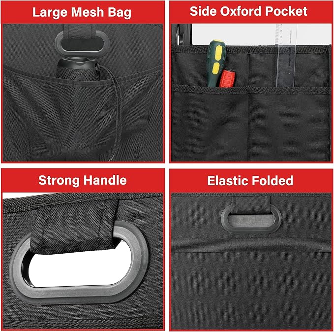 YSSOA Car Trunk Organizer, 2 Compartments Anti-slip 14" D x 22" W x 12" H Collapsible Trunk Storage, 600D Oxford Polyester Car Storage, Suitable for SUV, Minivan, Truck, Black