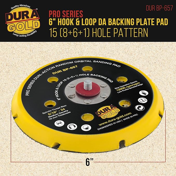 Dura-Gold Pro Series 6" Hook & Loop DA Backing Plate Pad, 15 (8 + 6 + 1) Hole Pattern Dustless - Low Profile Vented Edge, Dual-Action Random Orbital Sanding Pad, Sander Polisher Auto Woodworking