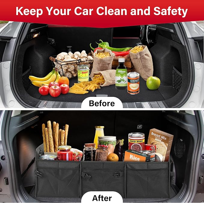 Simple Deluxe Car Trunk Organizer, Multi Compartments Collapsible Trunk Storage, Anti-slip, Waterproof 600D Oxford Polyester, with Adjustable Straps for SUV, Minivan, Truck, Large Size, Black