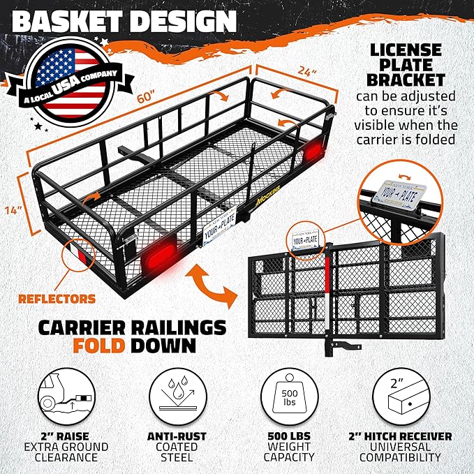 Mockins 60"x24"x14" High Rail Car Trailer Hitch Cargo Carrier w/Rear Lights, Plate Bracket & 30 CuFt Waterproof Hitch Cargo Bag | 500 Lbs. Cap Weatherproof Folding Luggage Rack for SUV Car Truck & RV