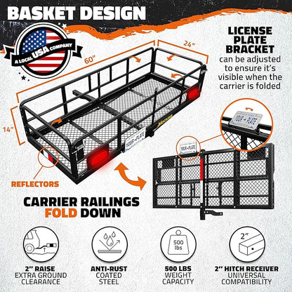 Mockins 60"x24"x14" High Rail Car Trailer Hitch Cargo Carrier w/Rear Lights, Plate Bracket & 30 CuFt Waterproof Hitch Cargo Bag | 500 Lbs. Cap Weatherproof Folding Luggage Rack for SUV Car Truck & RV