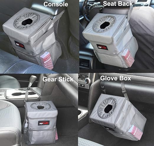EPAuto Waterproof Car Trash Can with Lid and Storage Pockets, 2.5 Gallon Leakproof, Gray