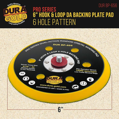 Dura-Gold Pro Series 6" Hook & Loop DA Backing Plate Pad, 6 Hole Pattern Dustless - Low Profile Edge, Medium Density, Dual-Action Random Orbital Sanding Pad, Sander Polisher Auto Woodworking Sandpaper
