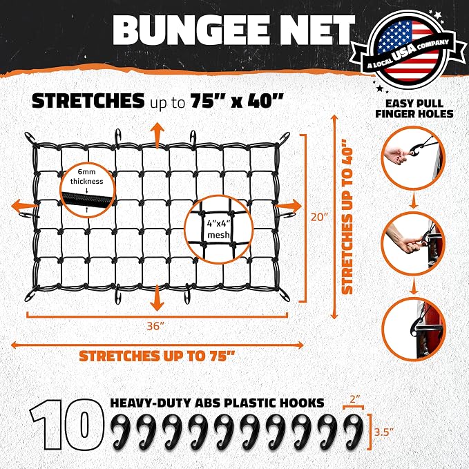 Mockins 36"x20" Heavy Duty Cargo Net for Pickup Truck Bed, Rack & More | 6mm Thick Elastic Bungee Net with Hooks Expandable Up to 75"x40" | 4"x4" Mesh Square Cargo Netting for Any Type of Load