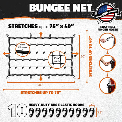 Mockins 36"x20" Heavy Duty Cargo Net for Pickup Truck Bed, Rack & More | 6mm Thick Elastic Bungee Net with Hooks Expandable Up to 75"x40" | 4"x4" Mesh Square Cargo Netting for Any Type of Load