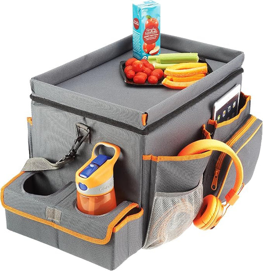High Road CarHop Front Seat Car Organizer with Car Cup Holder, Passenger Seat Tray and Padded Filing or Cooler Compartment with Side Pocket Storage, Gray