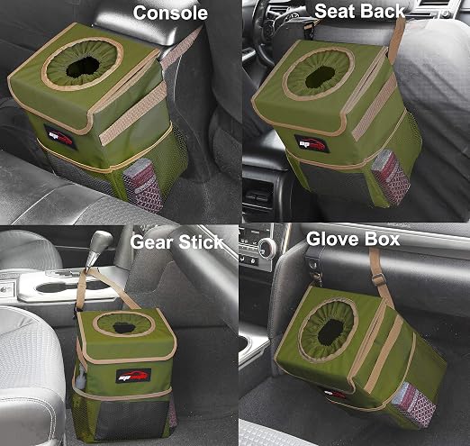EPAuto Waterproof Car Trash Can with Lid and Storage Pockets, 2.5 Gallon Leakproof, Green