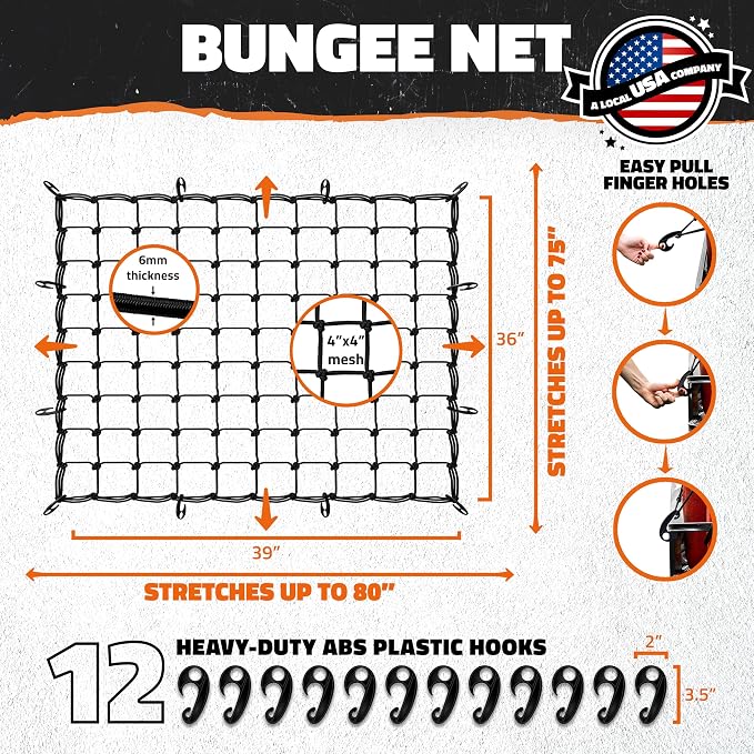 Mockins 39"x36" Elastic Cargo Net for Pickup Truck Bed, Cargo Racks & More | 6mm Thick Bungee Net with Hooks | Automotive Cargo Nets Stretching Up to 80"x75" | 4"x4" Heavy Duty Netting for Payloads