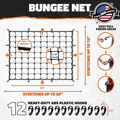 Mockins 39"x36" Elastic Cargo Net for Pickup Truck Bed, Cargo Racks & More | 6mm Thick Bungee Net with Hooks | Automotive Cargo Nets Stretching Up to 80"x75" | 4"x4" Heavy Duty Netting for Payloads