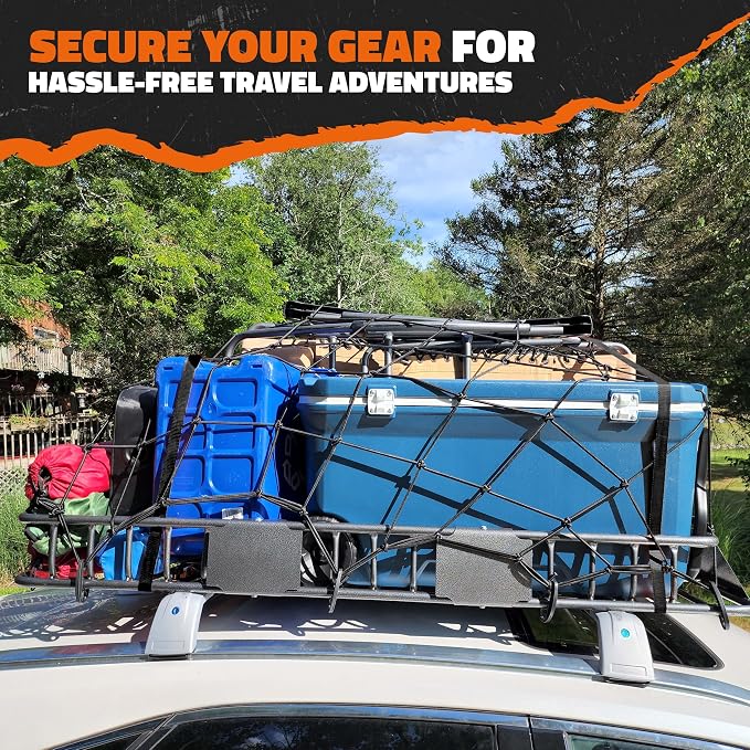 Mockins 64"x39"x6" Extendable Cargo Roof Rack Basket with 250 Lbs Capacity | Heavy-Duty Car Roof Cargo Carrier Rack Bundle with Straps & Net | All-Weather Steel Luggage Carrier for Car Rooftop Storage