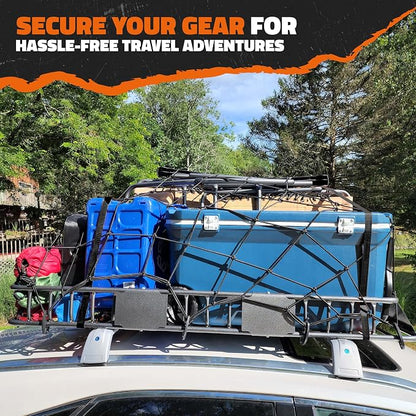 Mockins 64"x39"x6" Extendable Cargo Roof Rack Basket with 250 Lbs Capacity | Heavy-Duty Car Roof Cargo Carrier Rack Bundle with Straps & Net | All-Weather Steel Luggage Carrier for Car Rooftop Storage