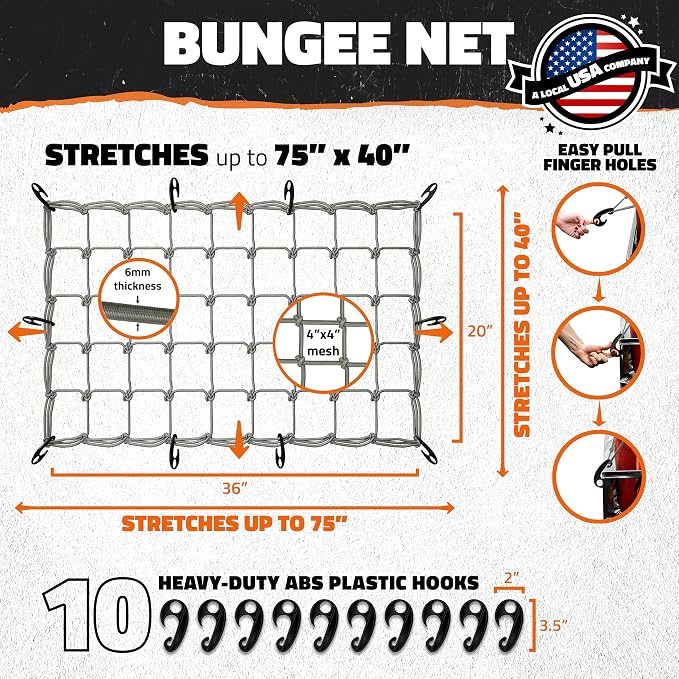 Mockins 36"x20" Heavy Duty Cargo Net for Pickup Truck, SUV, & Car | Elastic Truck Bed Cargo Net Stretches Up to 75"x40" | 6mm Thick Bungee Net with Hooks & 4"x4" Mesh Squares for Bulky & Small Loads